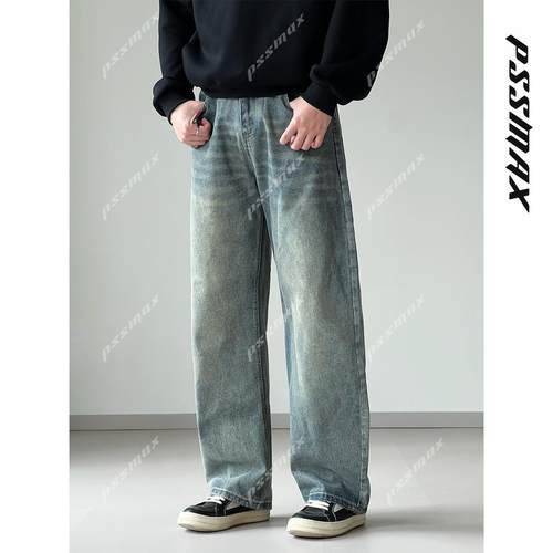PSSMAX松紧腰复古弯刀牛仔长裤男