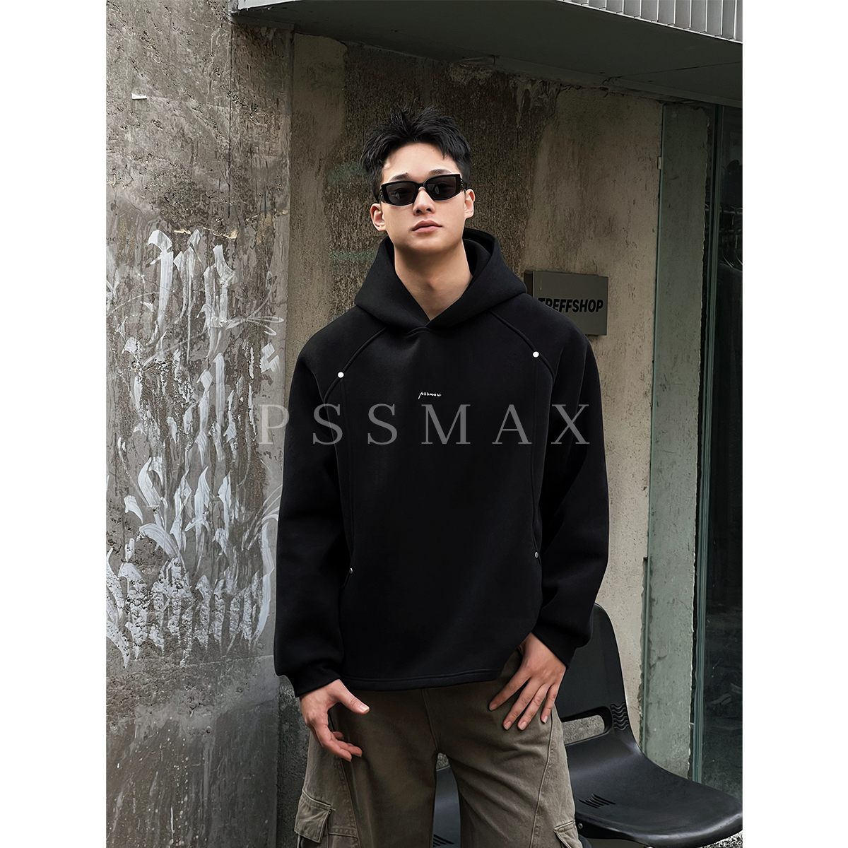 胖俗俗PSSMAX 秋季重磅廓形铆钉连帽卫衣男大码微胖宽松休闲上衣