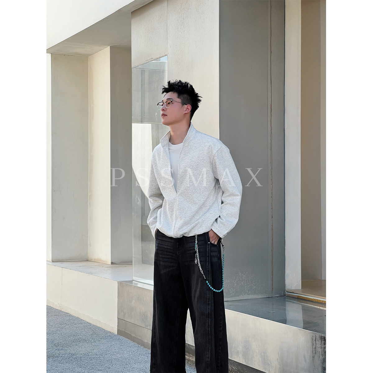 胖俗俗PSSMAX 早秋重磅假两件立领卫衣男大码微胖宽松休闲上衣