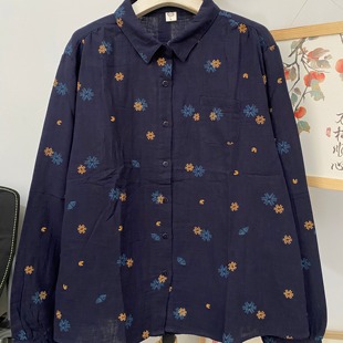 藏青色双层棉纱长袖碎花衬衫秋装复古文艺风印花面料柔软亲肤全棉
