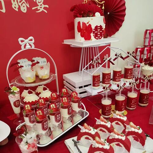 新中式婚礼甜品台装饰插件 订婚结婚吾家有喜红色吸管布丁瓶贴纸