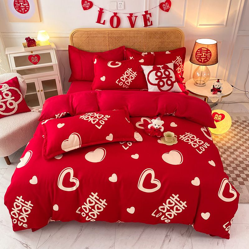 婚庆四件套大红色被套床单床笠款结婚床上用品新婚三件套陪嫁出嫁