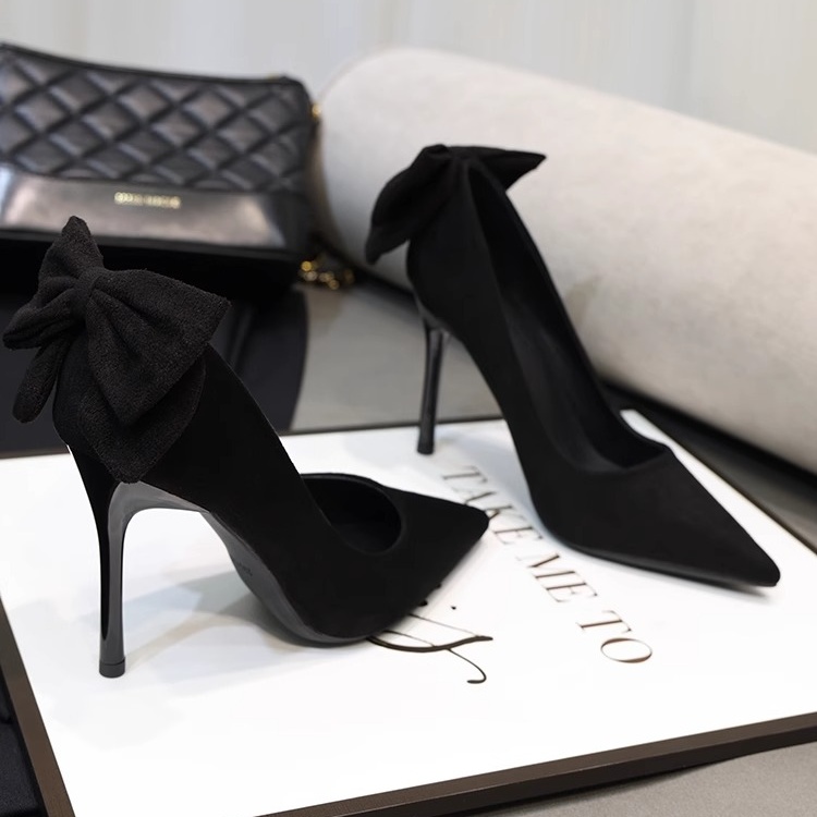 小众设计感法式少女黑色绒面尖头细跟高跟鞋女蝴蝶结单鞋性感女鞋