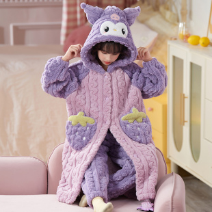 可爱家居服 亲子套装 小女孩珊瑚绒睡衣儿童法兰绒秋冬季 女童加厚款