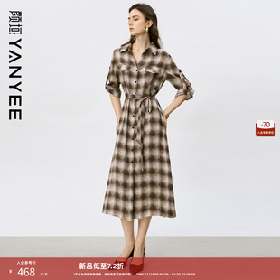 颜域格子衬衫 早春复古格纹气质显瘦单排扣长裙子 连衣裙女2026新款