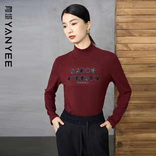 颜域安可拉红色打底衫女2025新款冬季刺绣气质半高领内搭针织上衣