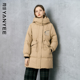颜域女装收腰中长款连帽保暖外套2025新款今年流行爆款羽绒服女士
