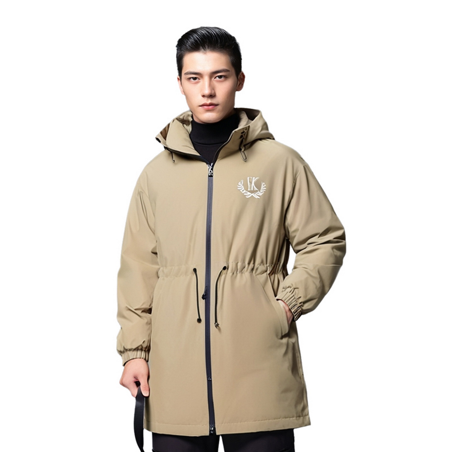 SK系带防风保暖连帽中长款大衣男