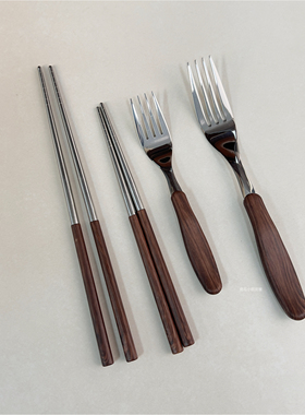 316不锈钢勺子家用餐具ins风儿童吃饭勺小号仿木纹叉子甜品蛋糕叉