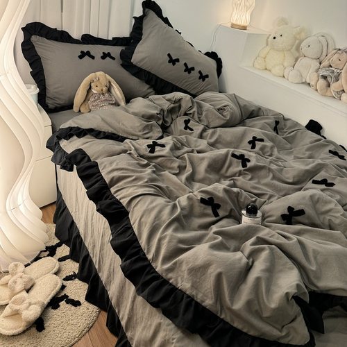 ins刺绣蝴蝶结花边四件套水洗棉