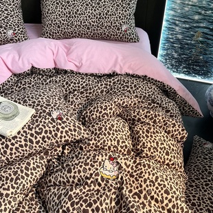 卡通款 豹纹猫咪刺绣被套四件套1.5m1.8少女被套床单3件套 可爱美式