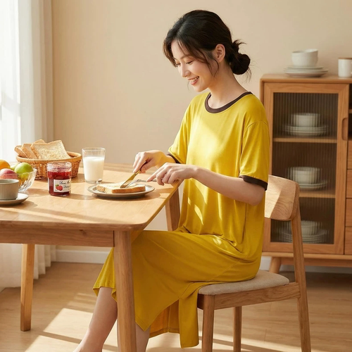 新款莫代尔睡裙女士宽松连衣裙夏季大码薄款a字裙家居裙短袖长裙
