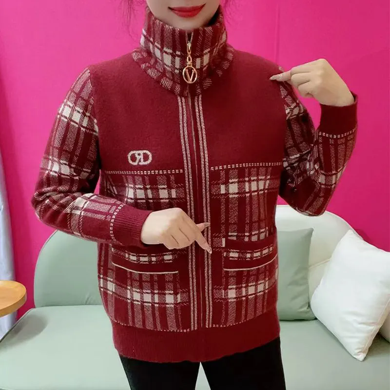 2025新款中老年开衫外套女针织衫秋冬装立领宽松妈妈上衣时尚百搭