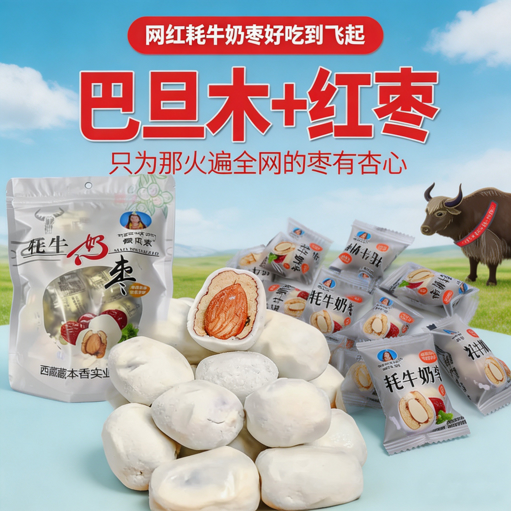 藏本香牦牛奶枣红枣巴旦木西藏特产奶糖糖果250克网红小零食半斤