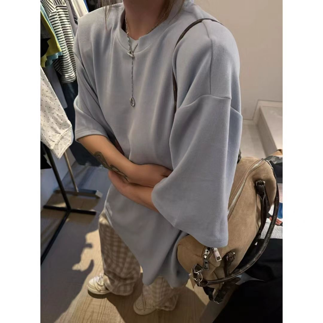 秋冬新款宽松打底衫加厚百搭BF风情侣净版双面羊绒短袖垫肩T恤女