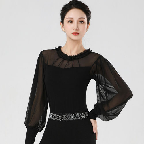 摩登舞蹈服新款荷叶边时尚高档灯笼袖国际拉丁舞蹈形体服网纱上衣