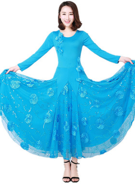 湖蓝色2020摩登舞裙交谊舞长袖大摆连衣裙华尔兹探戈国标舞演出服
