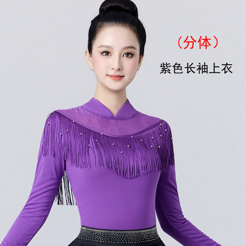 流苏烫钻立领修身现代舞上衣