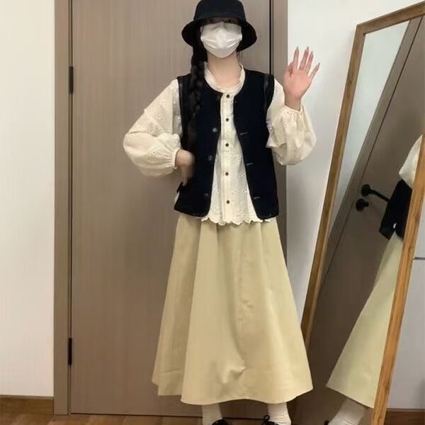 三件/套装学院风复古牛仔开衫马甲秋季女学生高腰半身裙+长袖衬衫