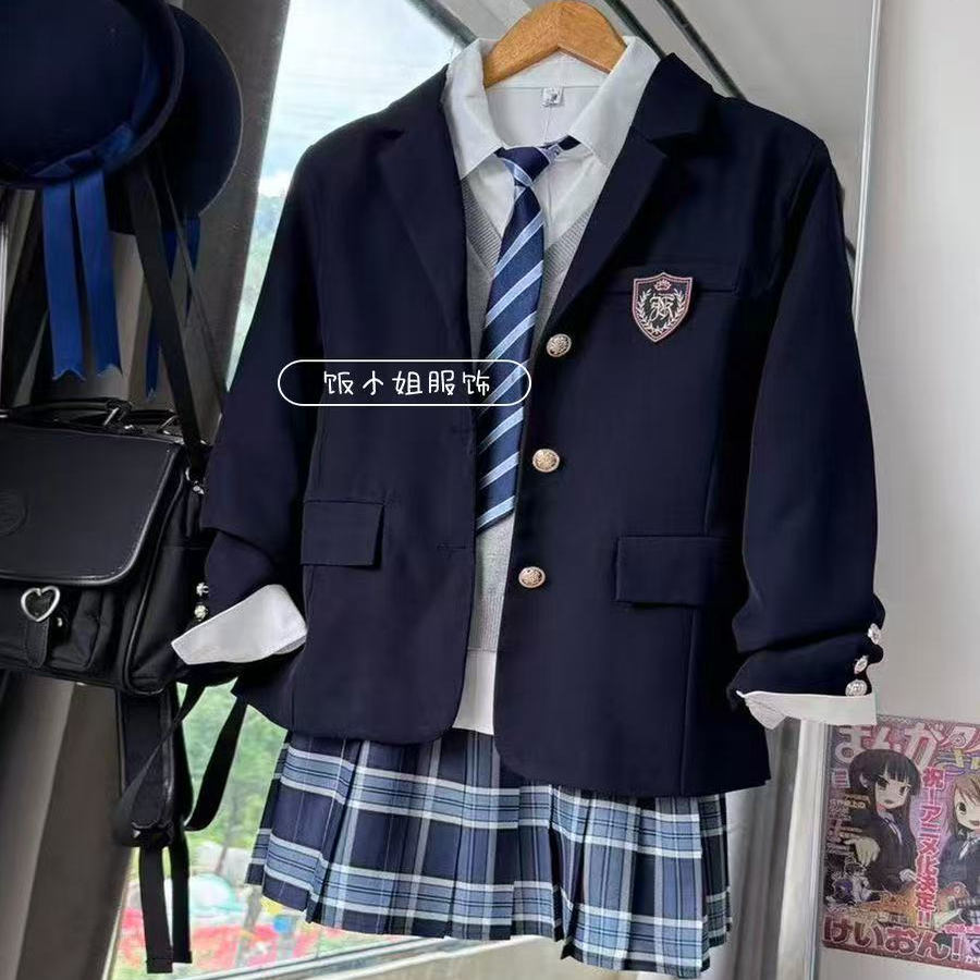 学院风JK制服绀色西装外套格裙