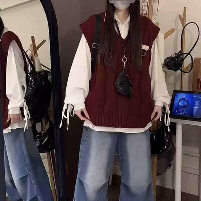 红色v领麻花马甲针织学院风上衣