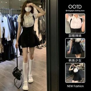 连衣裙 气质小个子背带裙高腰单排扣黑色显瘦a字短裙子女春夏新款