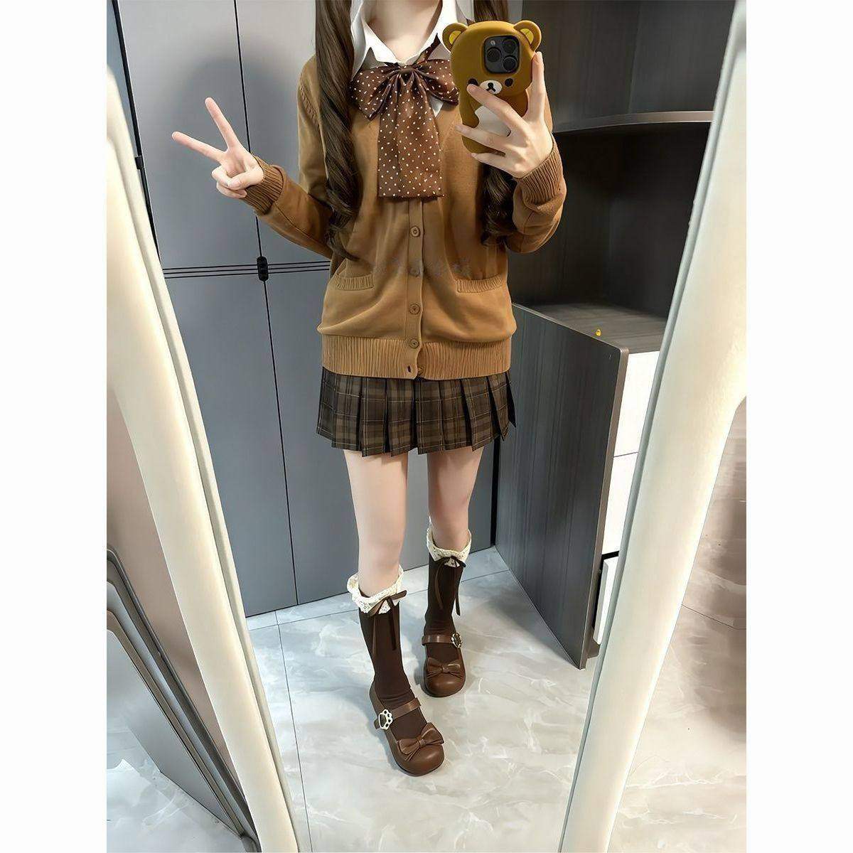 焦糖可颂原创日系JK针织制服秋冬套装开衫格裙长袖毛衣棕色学院,女装/女士精品,时尚套装,淘宝优惠券,粉丝福利购,淘宝优惠卷