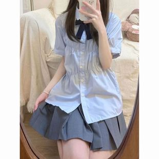 Polo领衬衫 学院风套装 小个子短袖 女夏季 高腰百褶短裙子两件套 新款