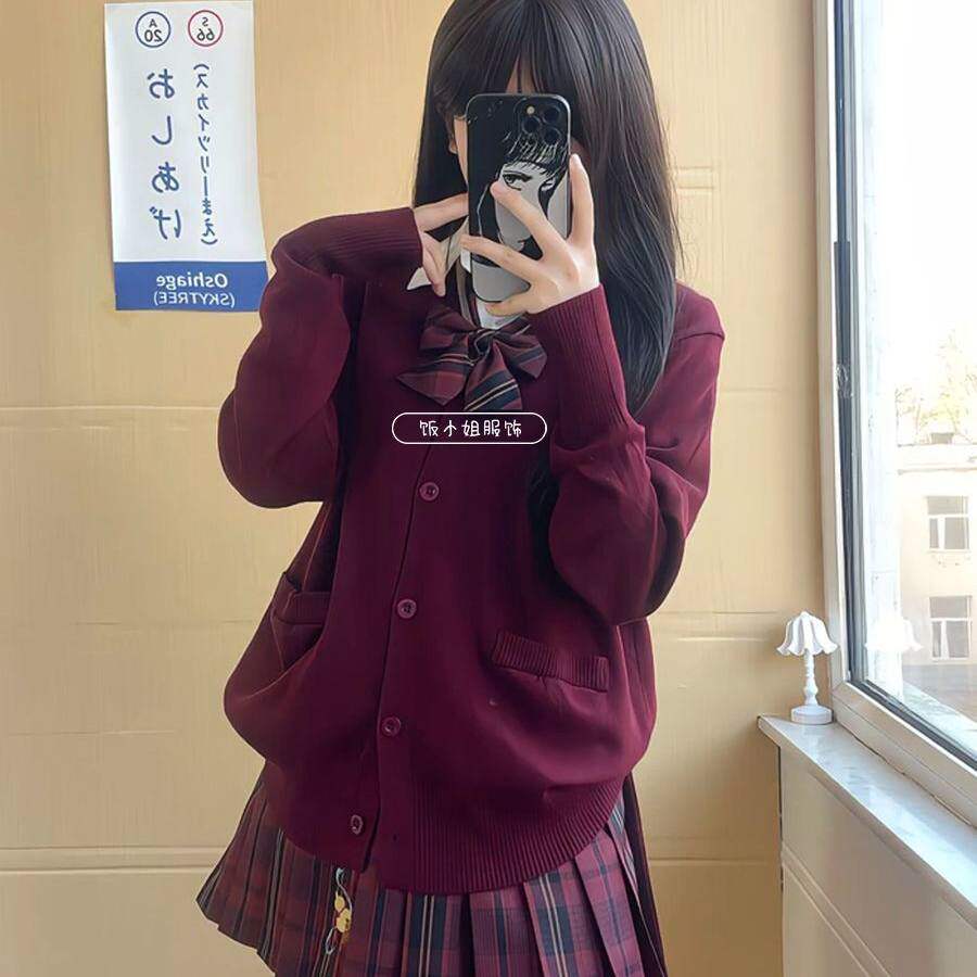 JK制服日系针织酒红色开衫秋冬季