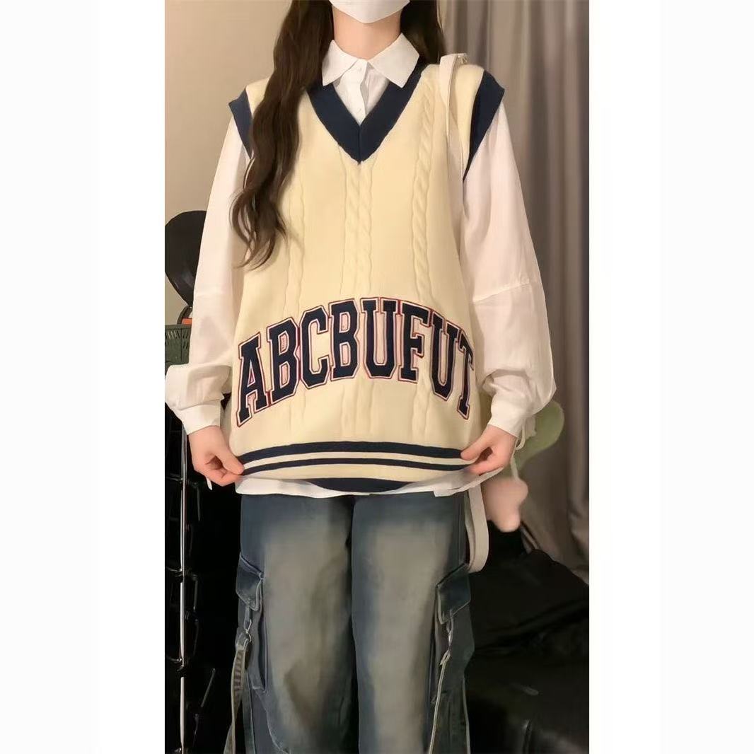 韩版慵懒风复古字母刺绣撞色针织马甲背心毛衣女绑带衬衫两件套装