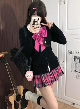 原创时尚家jk制服黑色套头毛衣长袖秋冬女校供感原创玫红色妃格裙