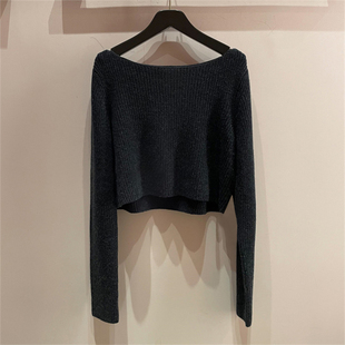短款 打底百搭长袖 毛衣女潮 一字领露肩黑色针织衫 小众2025秋冬新款