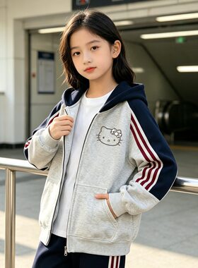 女童春秋连帽拉链外套中大童小学生初中生开学秋冬加绒款开衫上衣