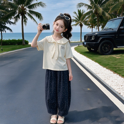 女童夏季甜美时尚刺绣上衣波点宽松裤2026新款中大童休闲风两件套