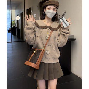 毛衣套装女秋冬季洋气减龄娃娃领针织衫半身裙小个子高级感两件套