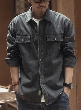 美式复古工装男士长袖衬衣外套潮牌夹克春秋款宽松猎装牛仔衬衫男