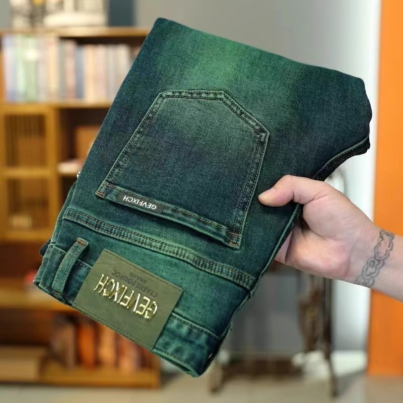 高档男款翡翠绿绿水长裤牛仔裤潮流男裤高端九分直筒修身小脚男士