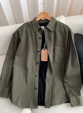 日系复古军绿色工装衬衫男款春秋季潮牌休闲宽松纯棉长袖衬衣外套