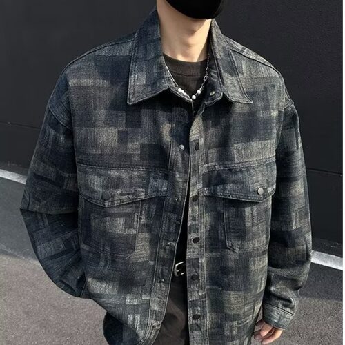 复古格纹牛仔外套男春秋季2025新款潮牌休闲衬衫翻领夹克男上衣服