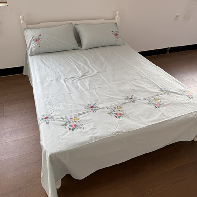 经典鲁绣！外贸出口绣花床单单件纯棉全棉斜纹刺绣枕套三件套1.58