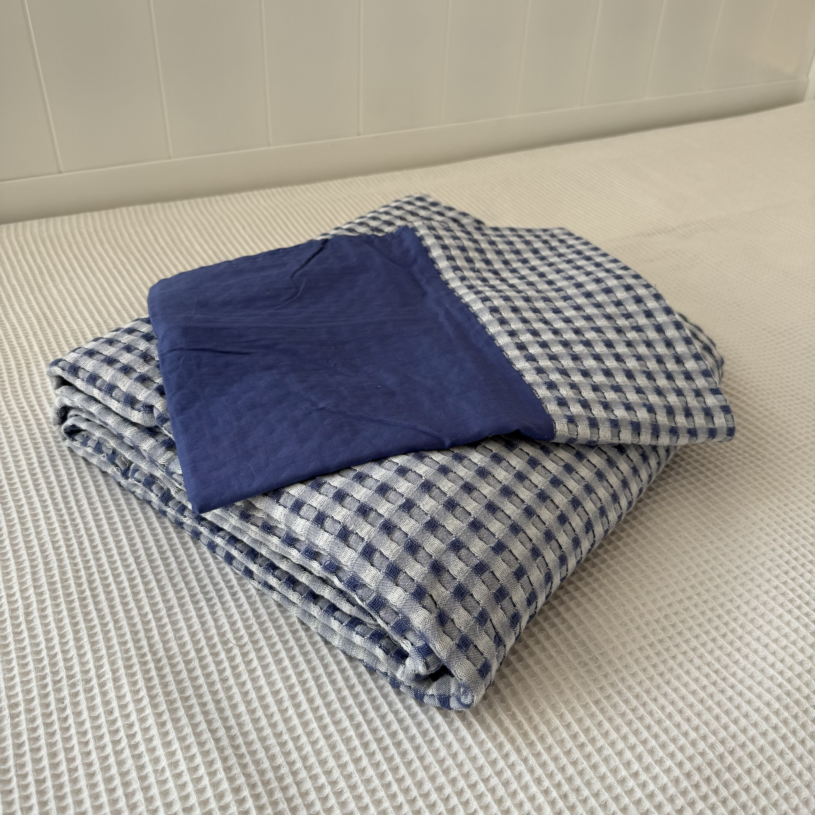 高级｜原单｜色织｜外贸全棉色织华夫格床单蜂巢枕套三件套处理