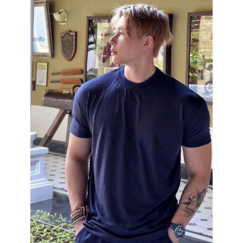 源头厂家夏季新款男士圆领纯色修身莱赛尔短袖凉感透气轻薄T恤衣
