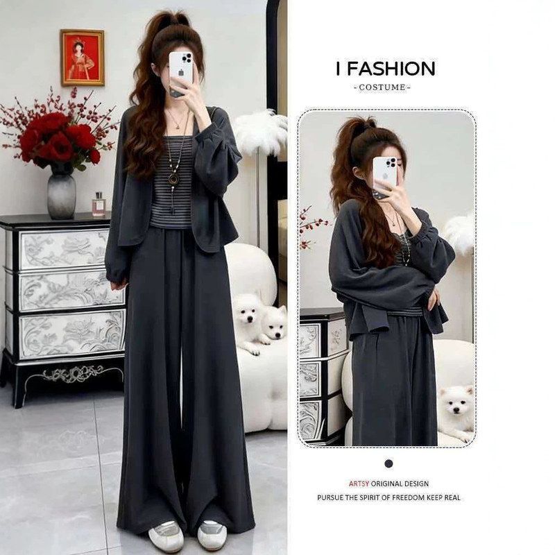 条纹吊带背心开衫外套加阔腿裤三件套女2026秋冬新款休闲时尚套装