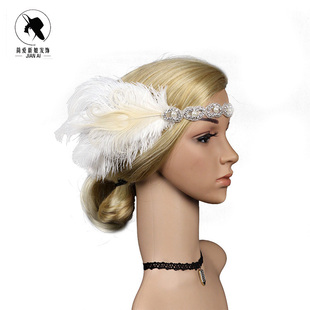 欧美高端头饰 孔雀羽毛前额复古民族发带头饰1920s盖茨比舞会套装