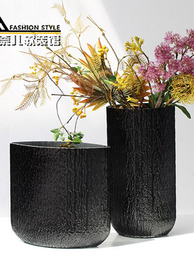 黑色树皮纹玻璃扁花瓶高端水培插花器现代家居客厅样板间软装摆件