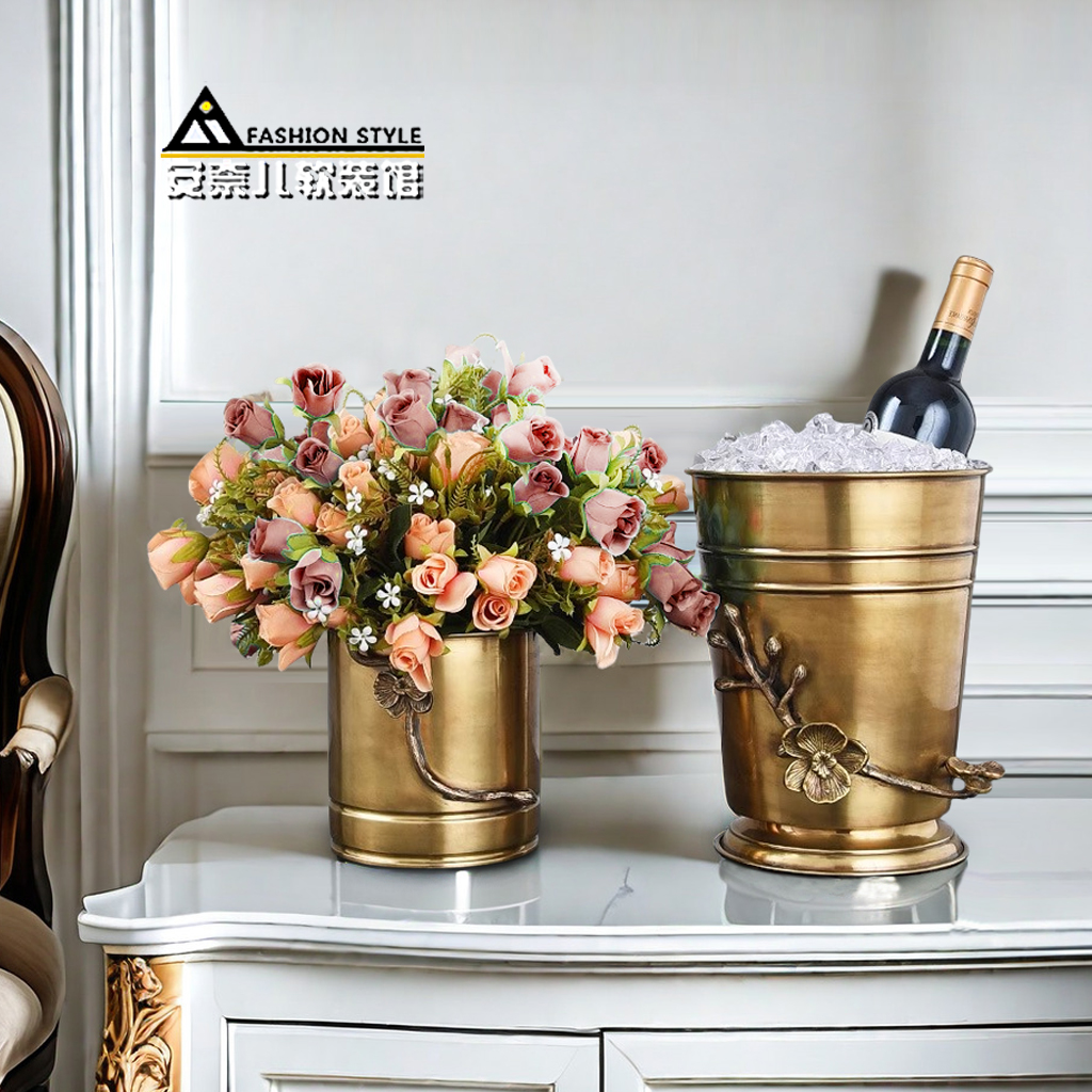 雕花黄铜红酒桶干冰桶欧式轻奢家居酒吧样板间香槟冰镇桶装饰花器
