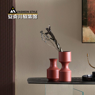 新中式 饰品 红色几何陶瓷花瓶果盘创意花插摆件现代家居样板间软装