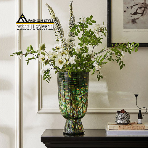 孔雀翎纹理琉璃花瓶果盘家居摆件