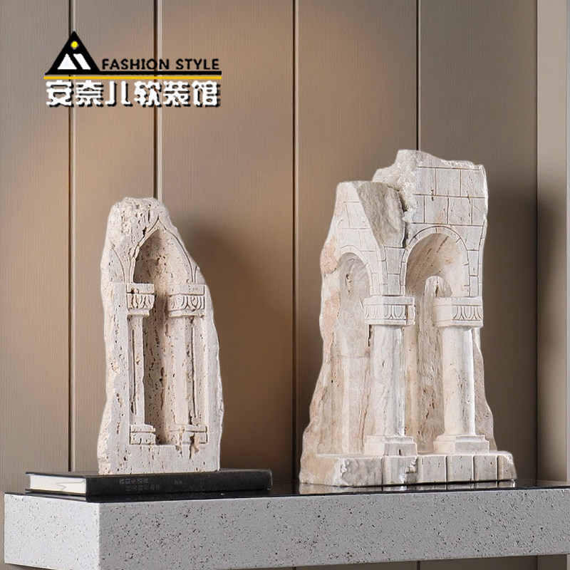米白洞石建筑雕塑摆件欧式家居样板间酒店大堂玄关氛围艺术品陈设