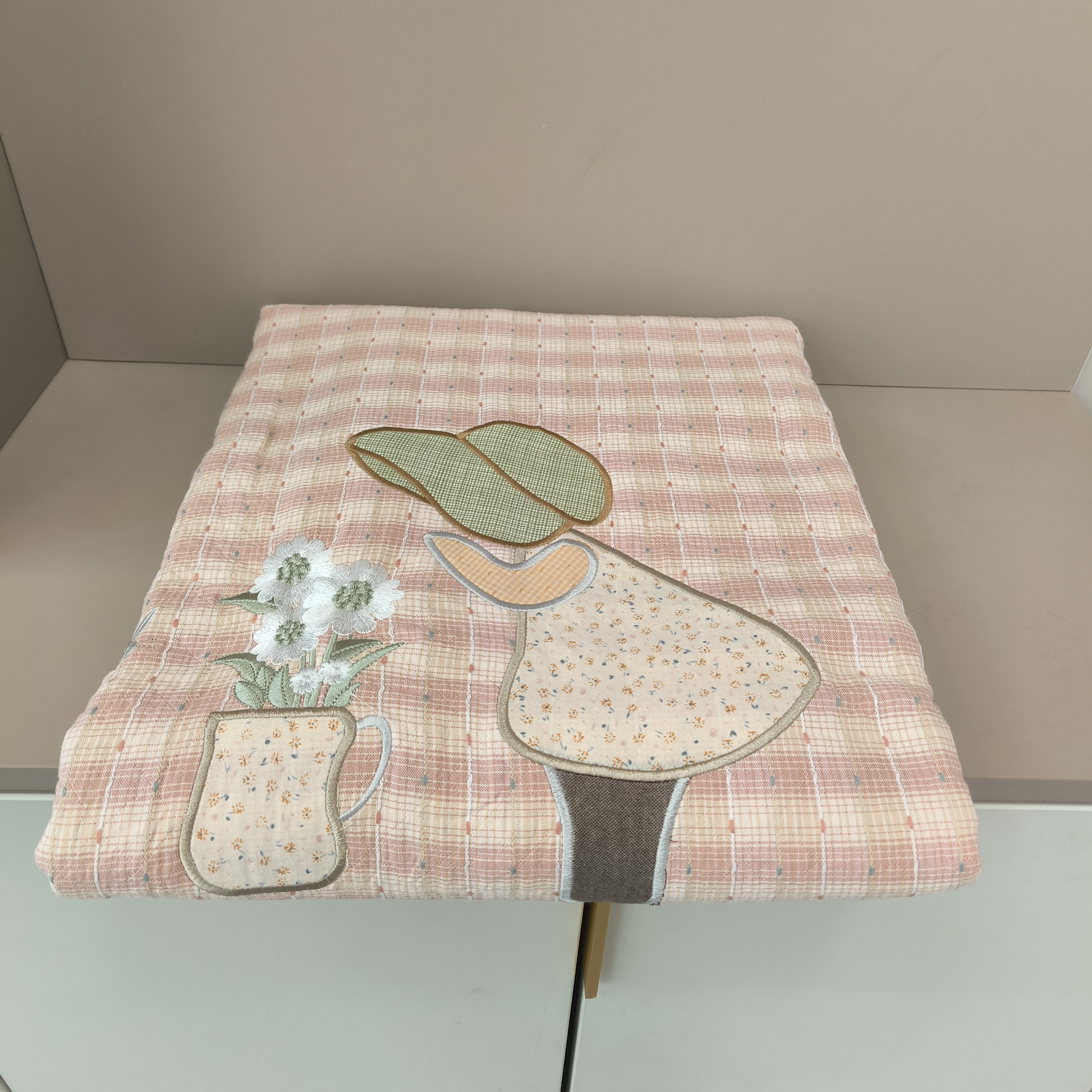 沐瑟纯棉四层纱布毯毛巾被水洗格子刺绣卡通绣花格子床盖枕巾枕套